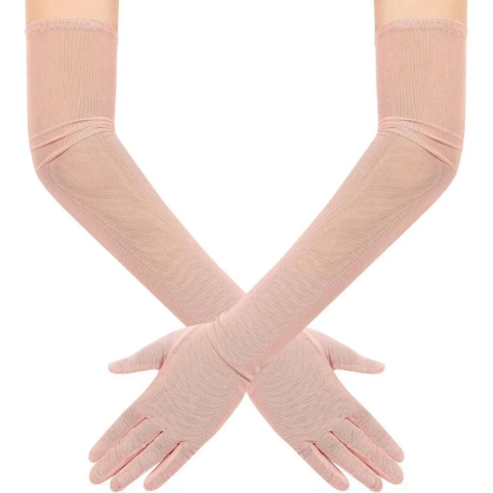 Women's Tulle Mesh Blush Long Stretchy Gloves Halloween Party Wedding Costume